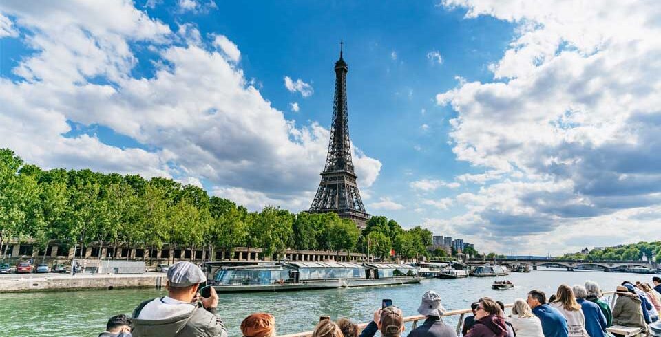 View of the Eiffel Tower from a one-hour Seine River boat tour