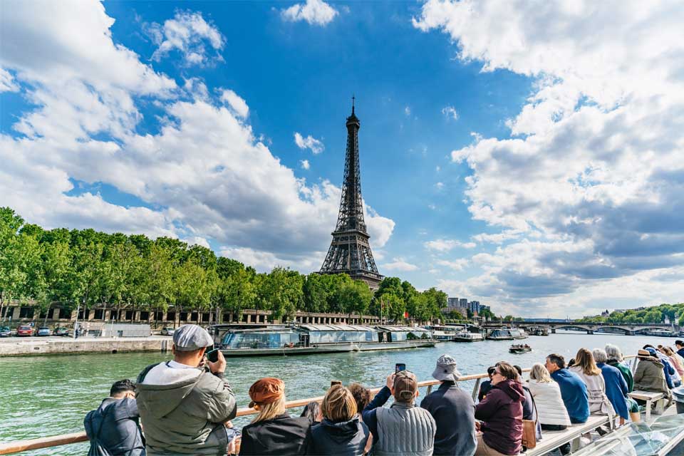 View of the Eiffel Tower from a one-hour Seine River boat tour