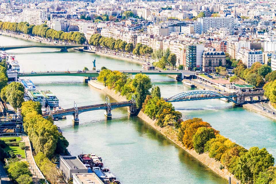 View of the bridges on the Seine River from the Eiffel Tower